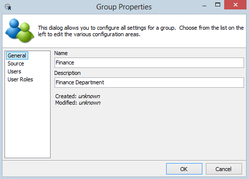 This image shows the Group Properties dialog with the General option selected.